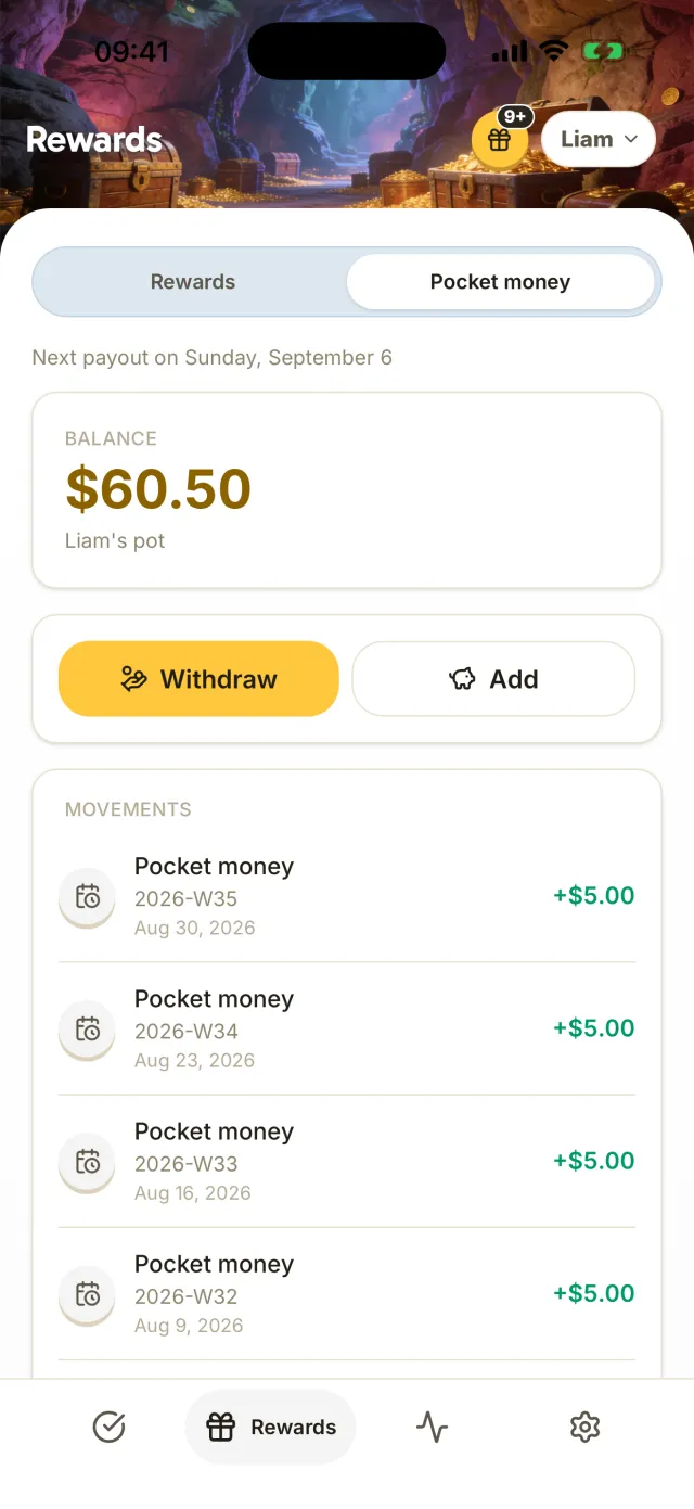 Harmonia: a child’s allowance pot, with the balance, Withdraw and Add buttons and the payment history