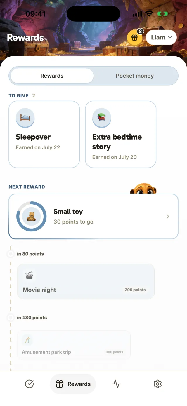 The Rewards screen: rewards to hand over to Liam and the next one in sight