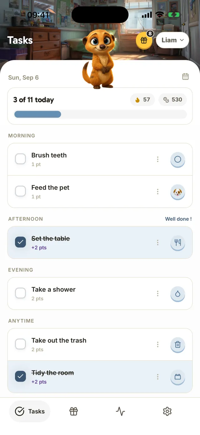 Harmonia: one child’s chores for the day, sorted by time of day