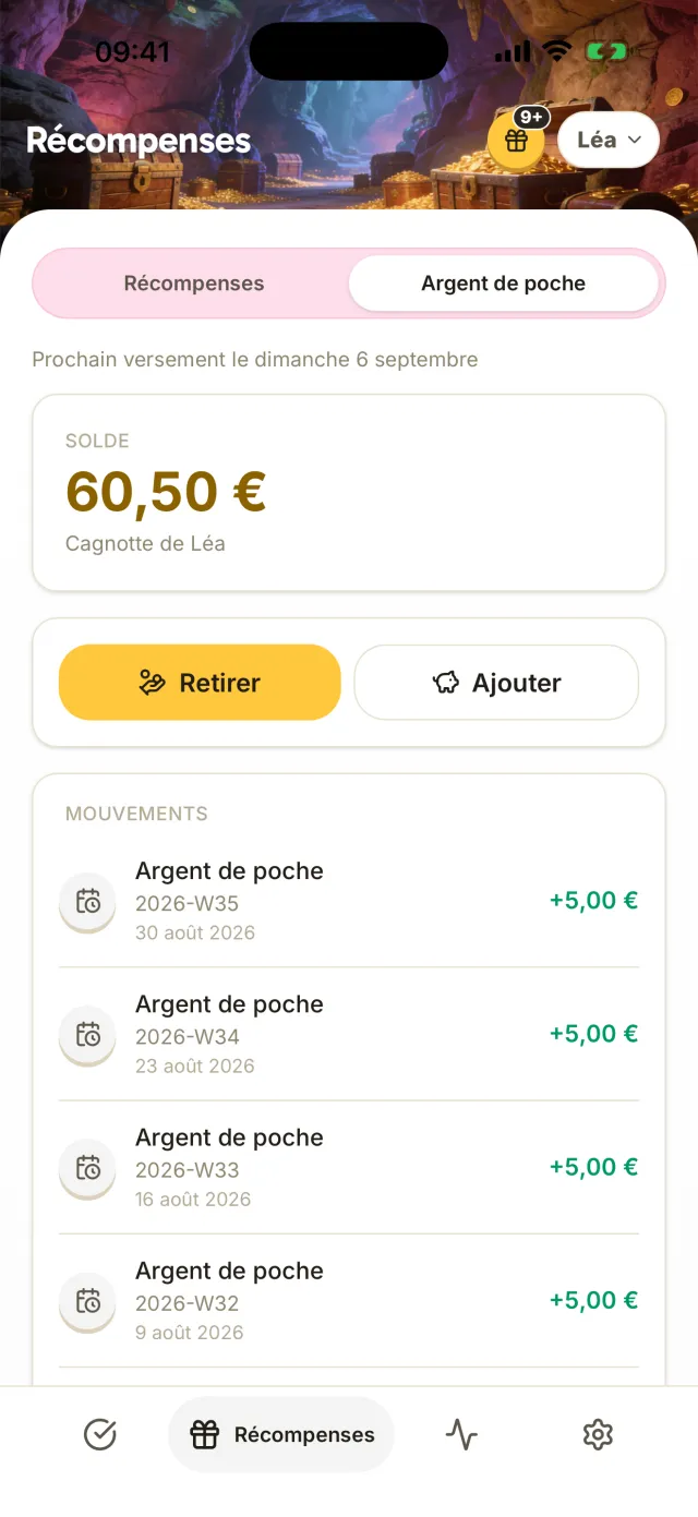 Harmonia : la cagnotte d’un enfant, avec le solde, les boutons Retirer et Ajouter et l’historique des versements