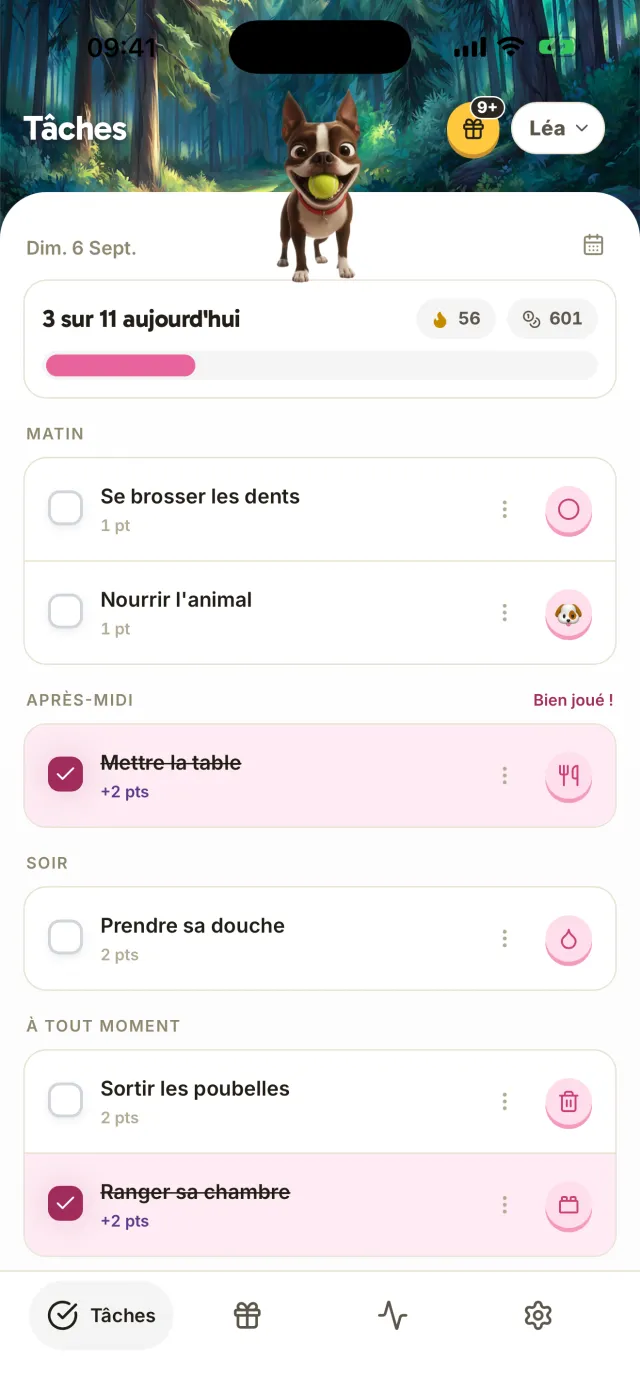 Harmonia : les tâches du jour d’un enfant, rangées par moment de la journée