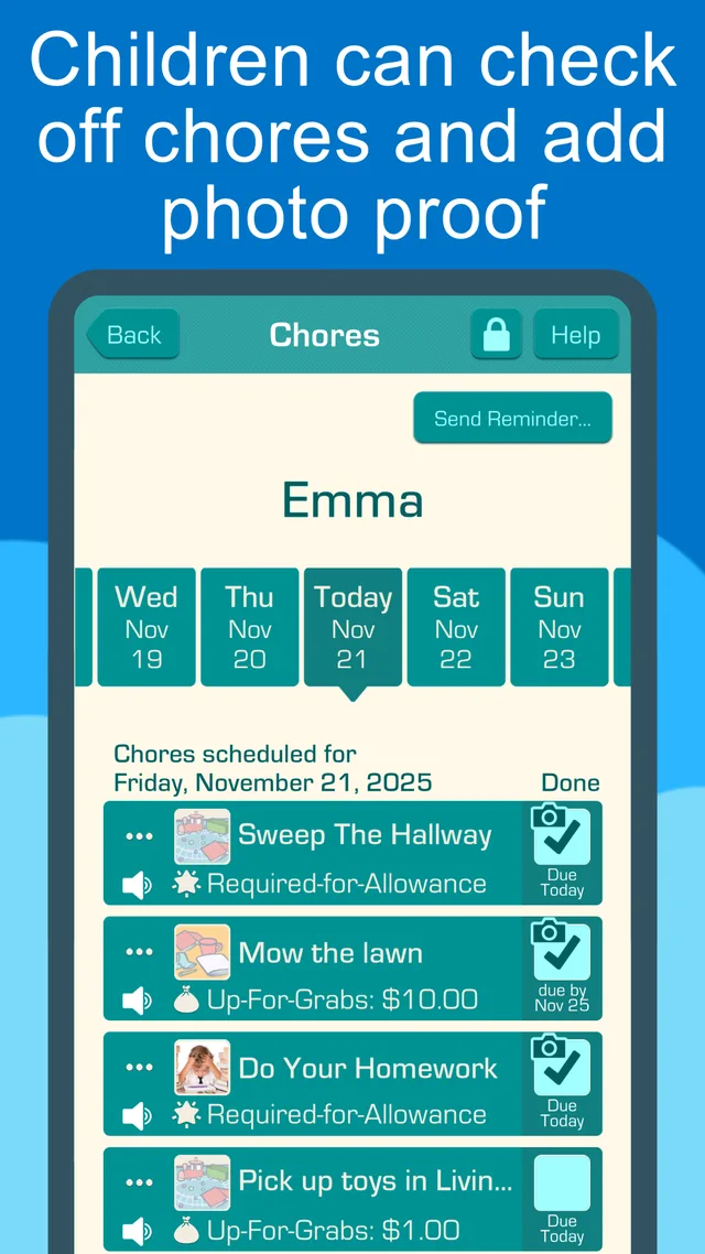 Chores & Allowance Bot App Store listing: Emma’s chores for the day, required for allowance or paid per chore