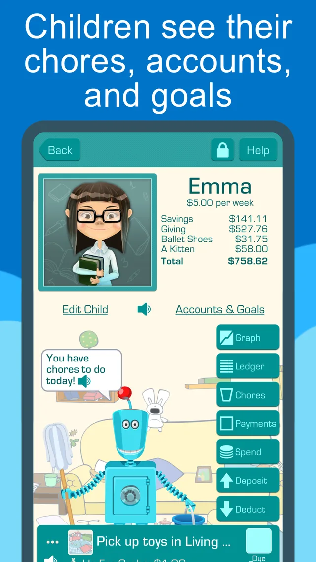 Chores & Allowance Bot App Store listing: Emma’s page with her accounts, goals and Spend, Deposit and Deduct buttons
