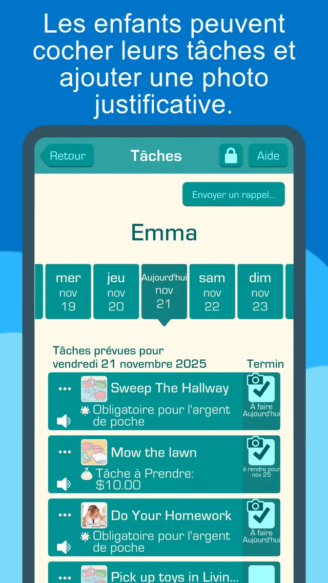 Ficha de Tâches & Poche Bot en la App Store francesa: lista de tareas del día de Emma, obligatorias para la paga o pagadas por tarea