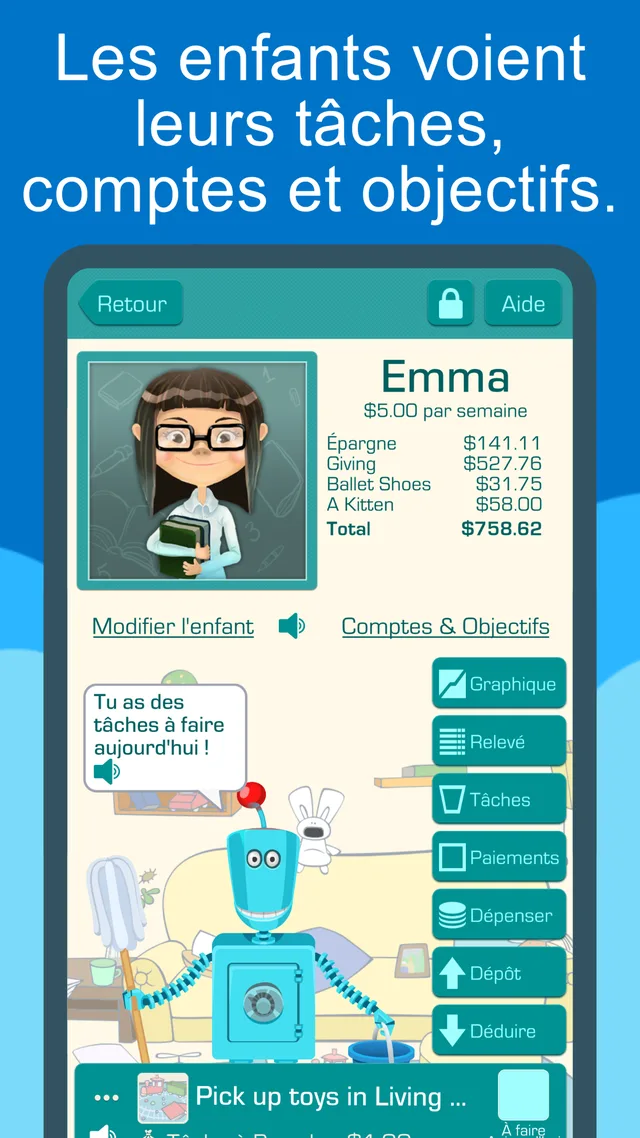 Ficha de Tâches & Poche Bot en la App Store francesa: página de Emma con sus cuentas, sus metas y los botones para gastar, ingresar y descontar