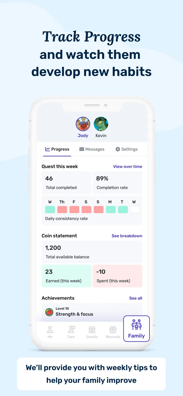 Joon App Store listing: a child’s weekly progress and coin statement