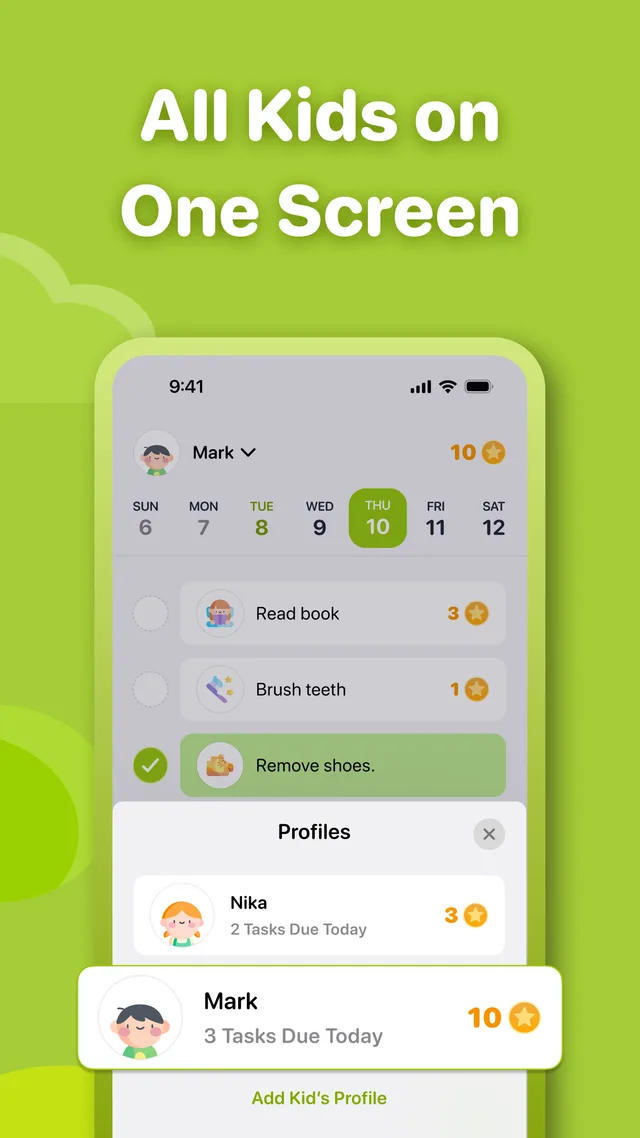 NeatKid App Store listing: two children’s profiles side by side with their stars
