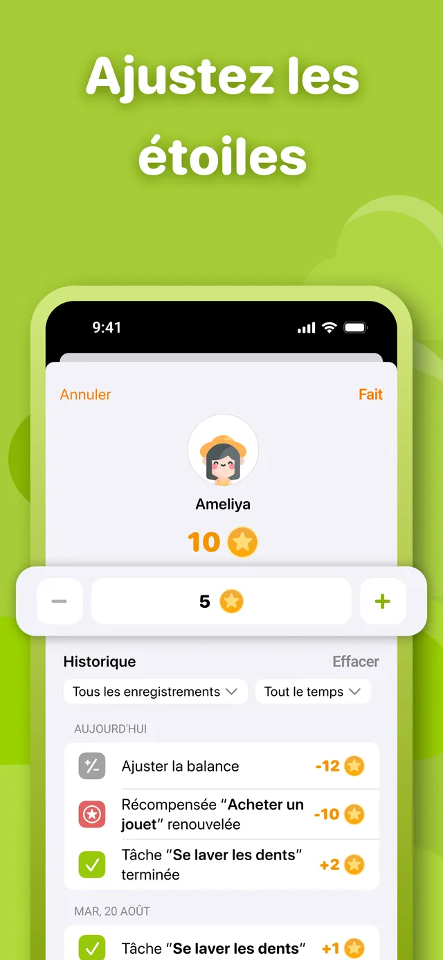 Ficha de NeatKid en el App Store: ajuste del saldo de estrellas de un niño e historial de movimientos